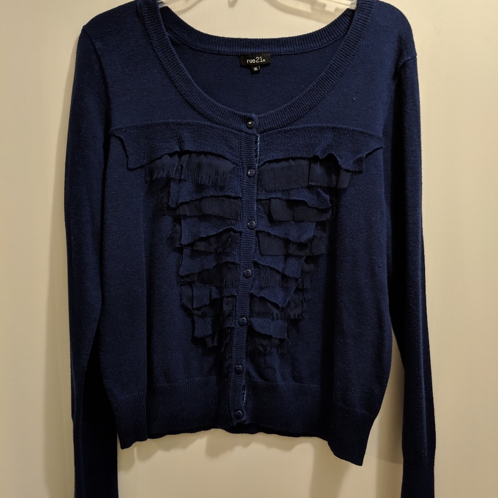 Navy Cardigan with Ruffle Detail